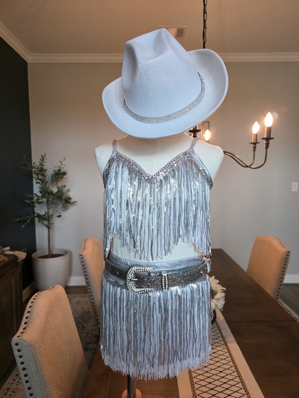 Silver Sequin Fringe Crop Top & Skirt Dance Costume